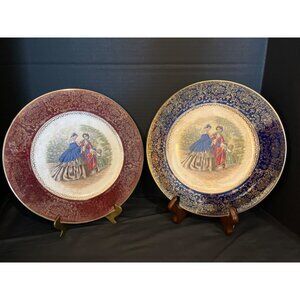 Imperial Salem China 23 Karat Gold 11” Plates Cobalt Blue & Dark Red